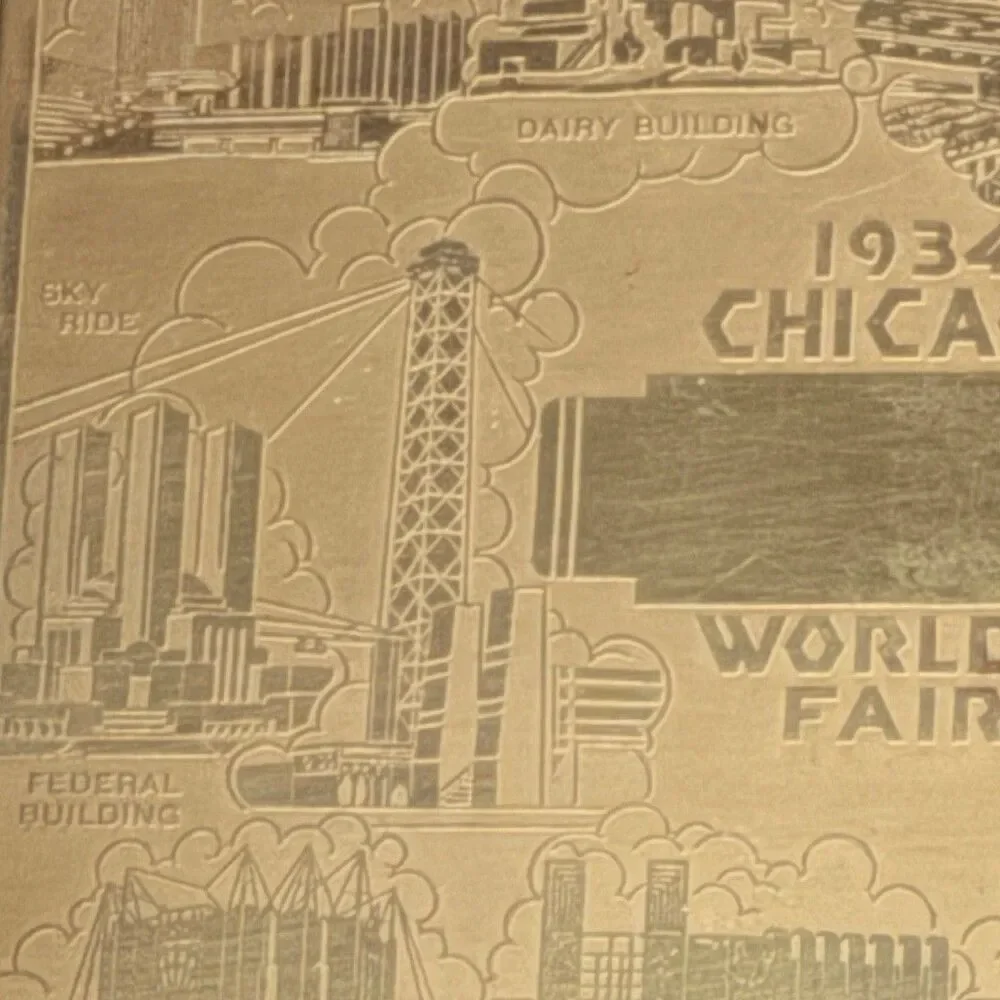 1934 Chicago Worlds Fair Etched Brass Souvenir Plate Century Of Progress 5”x4”